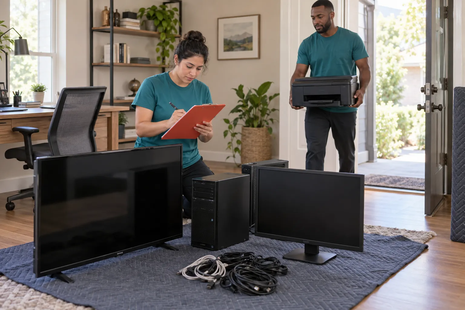 Televisions, monitors, a computer, and a printer sorted for removal