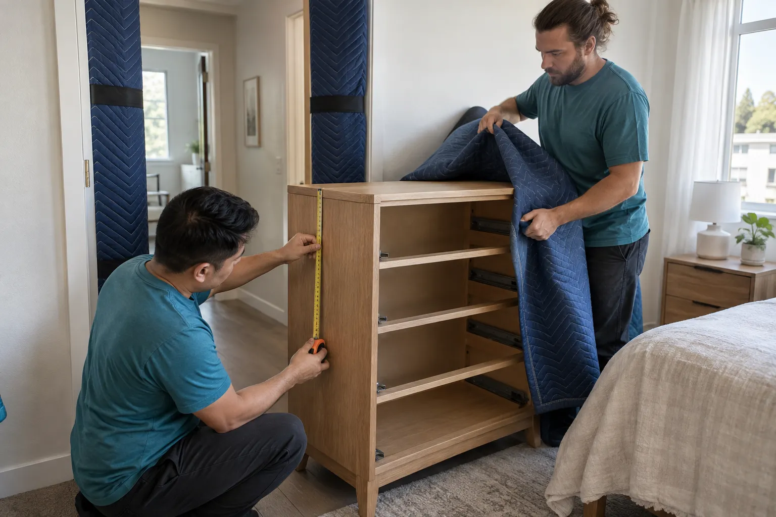 Workers measuring an empty dresser near a protected doorway