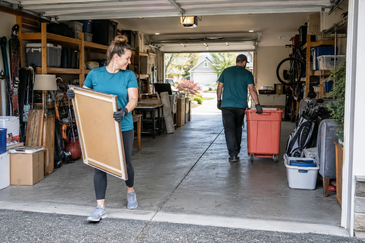 Workers carrying sorted household items through a clear garage lane