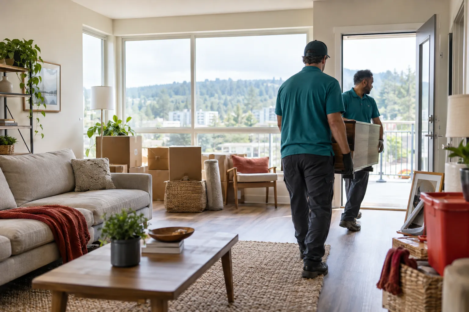 Workers carrying a cabinet from a bright apartment during a moving cleanout