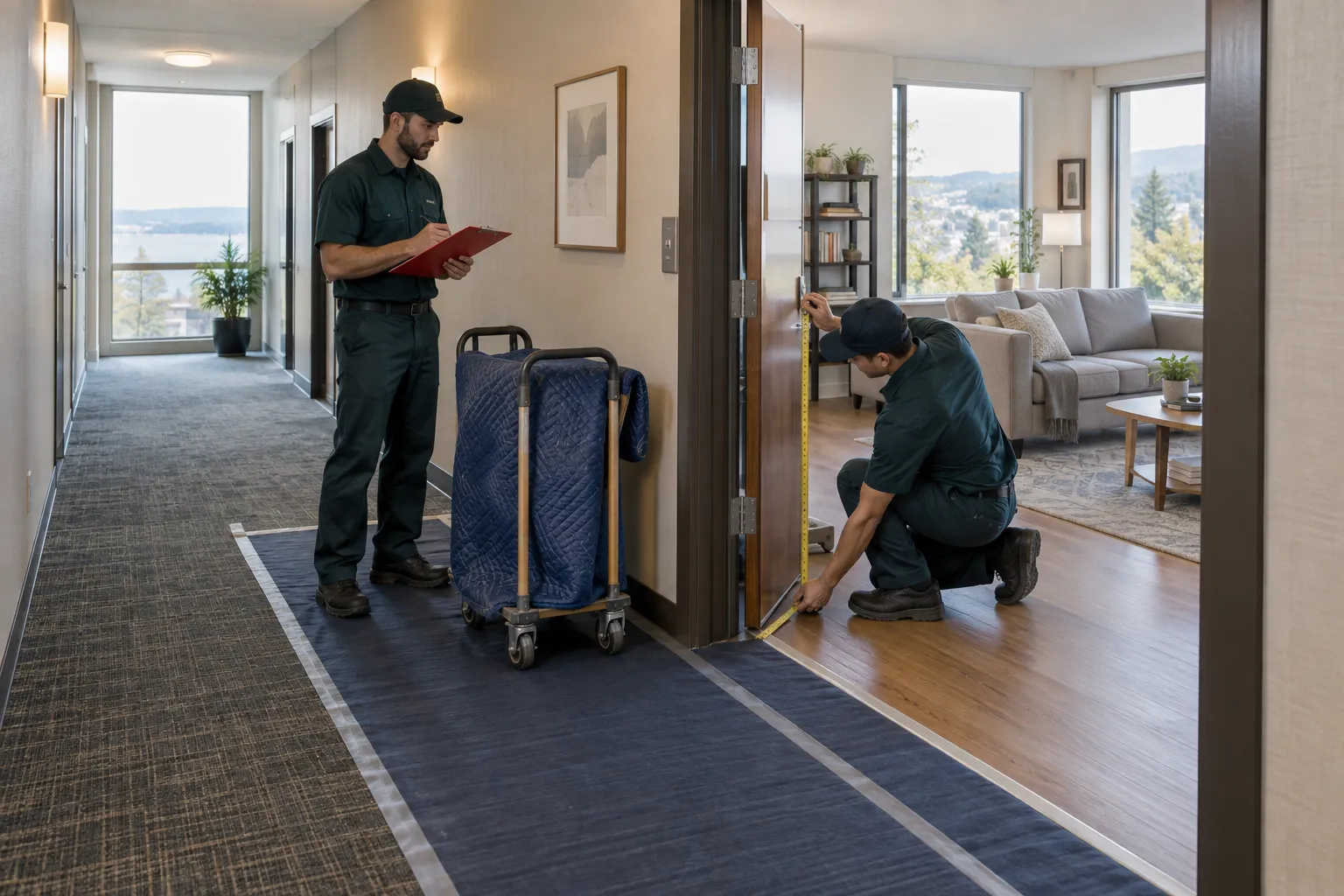 Workers measuring an apartment doorway and preparing a protected exit route