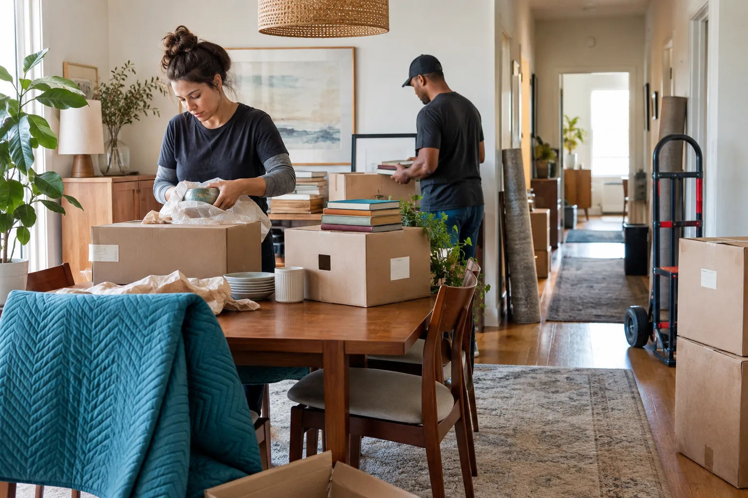 Household items being sorted into clear move-out groups