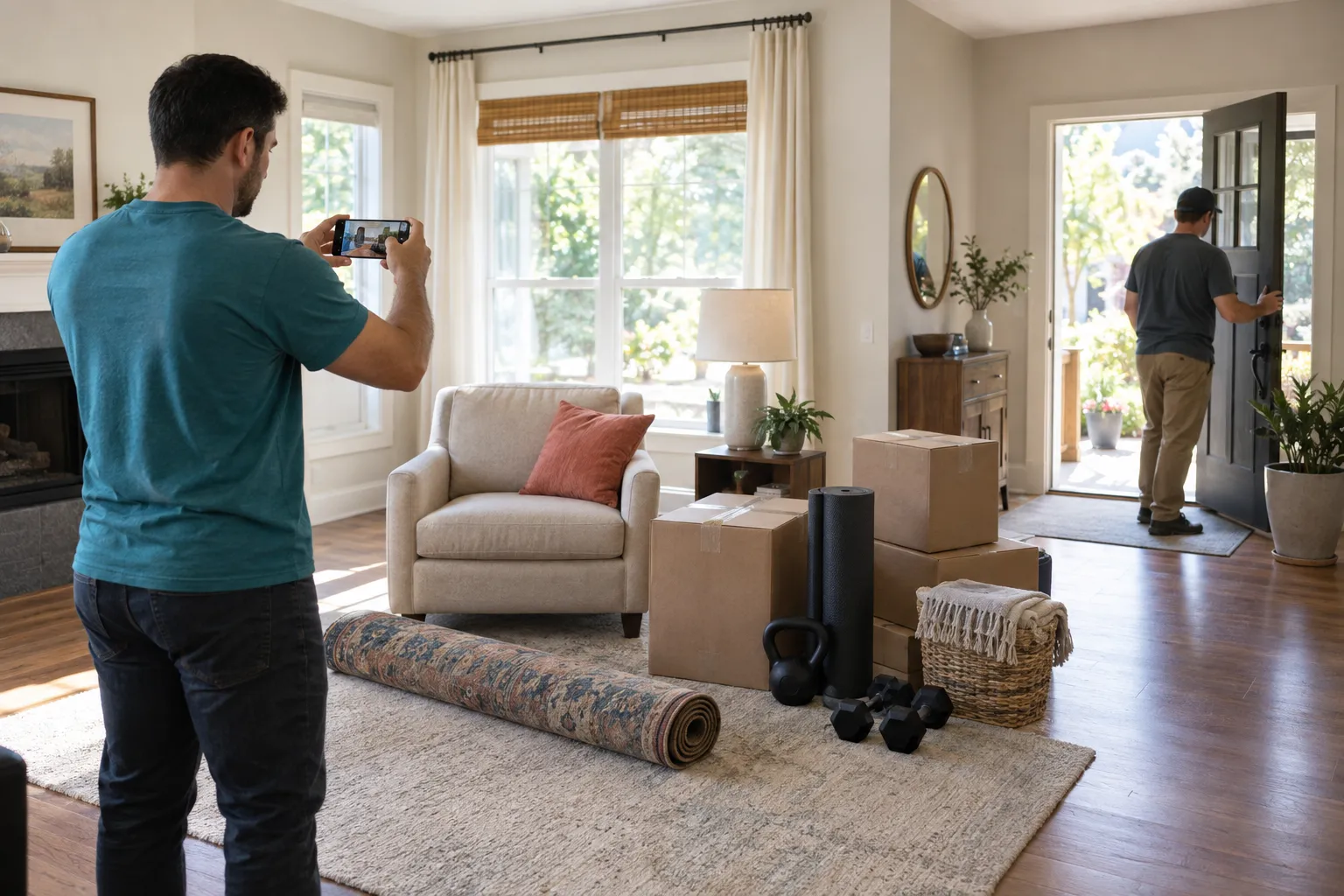 A worker photographing an organized household removal inventory