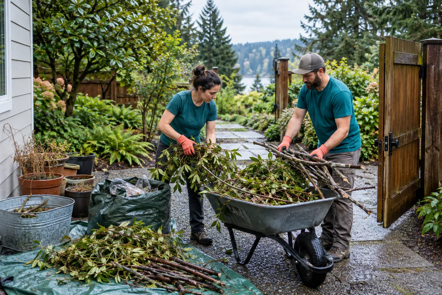 Workers loading separated branches into a wheelbarrow